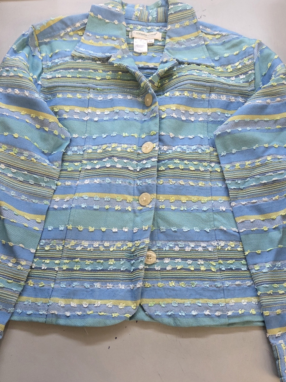 Coldwater Creek Striped Textured Jacket in Blue, Aqua & Lime